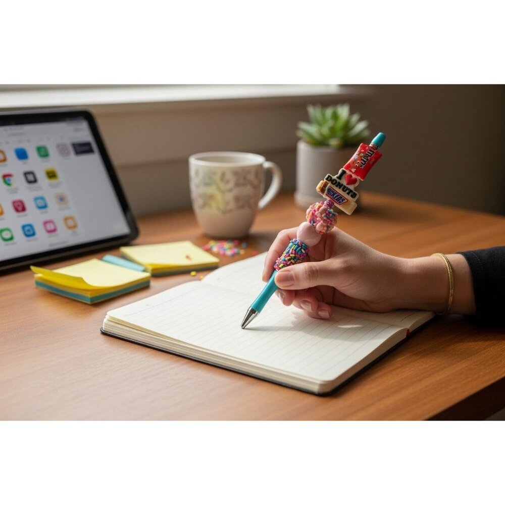 Fun Novelty Blue Embellished Ink Pen With Candy-Themed Topper Featuring M&Ms Sni